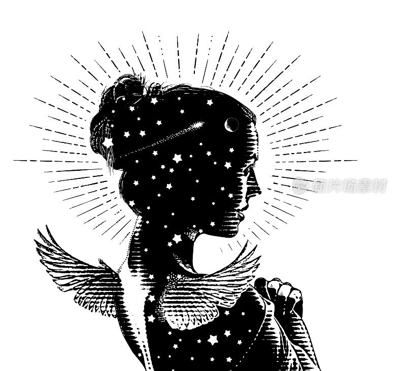 Vector engraving of a Beautiful angel and stars